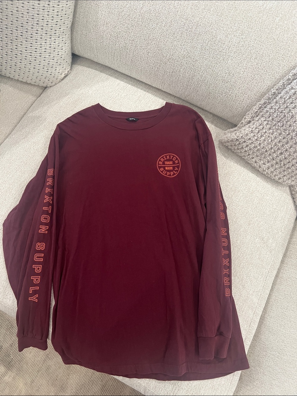 Brixton Long Sleeve Crewneck Tee - Deep Wine with Orange Print